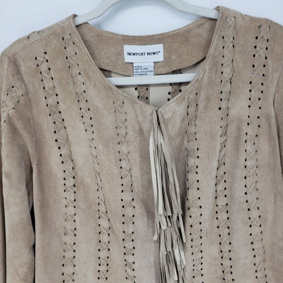 Newport News Vintage Fringe Trim Suede Leather Long Jacket XL Womens Boho Tan - Picture 7 of 9